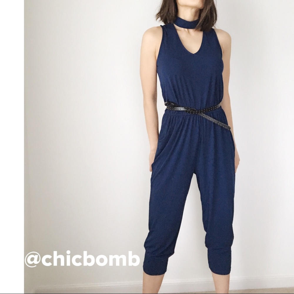 Midnight blu choker jumpsuit w side pockets.